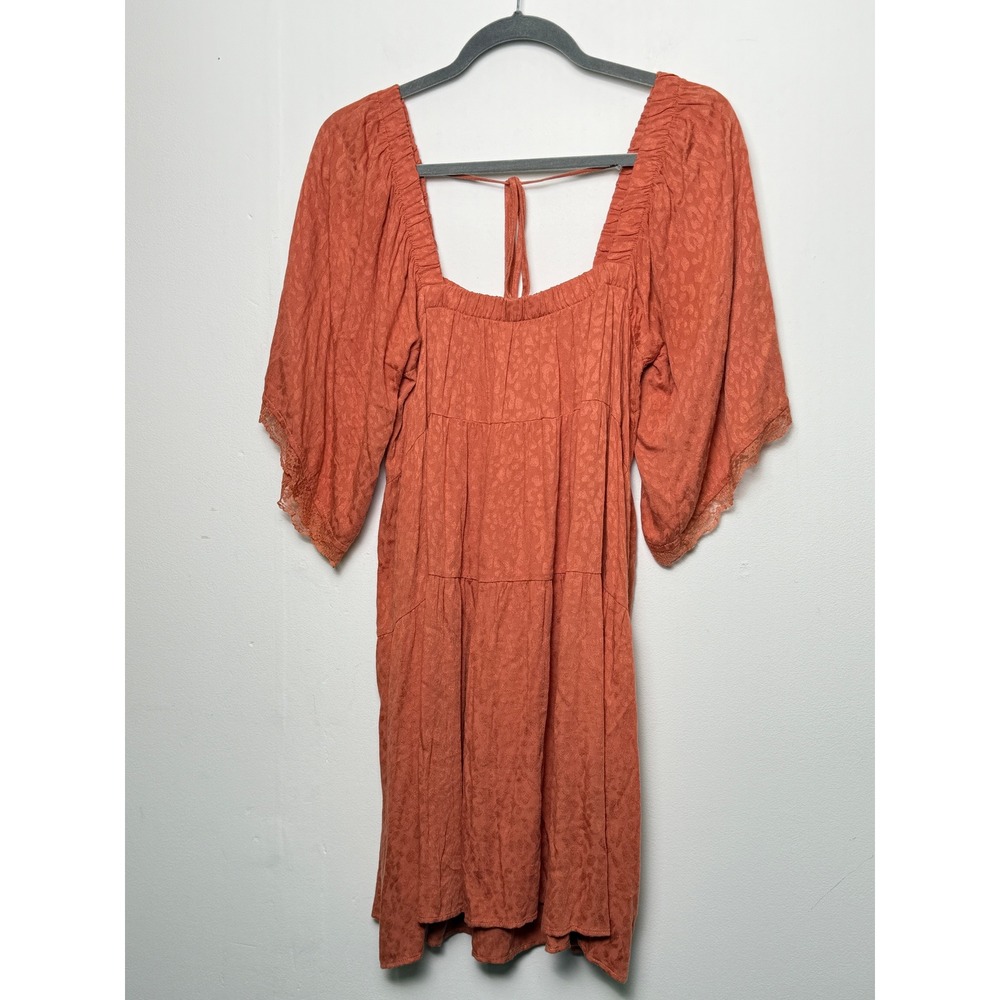 Wild Moss Baby‎ Doll Orange Tiered Square Neck Lace Trim Flowy Sleeve Mini Dress